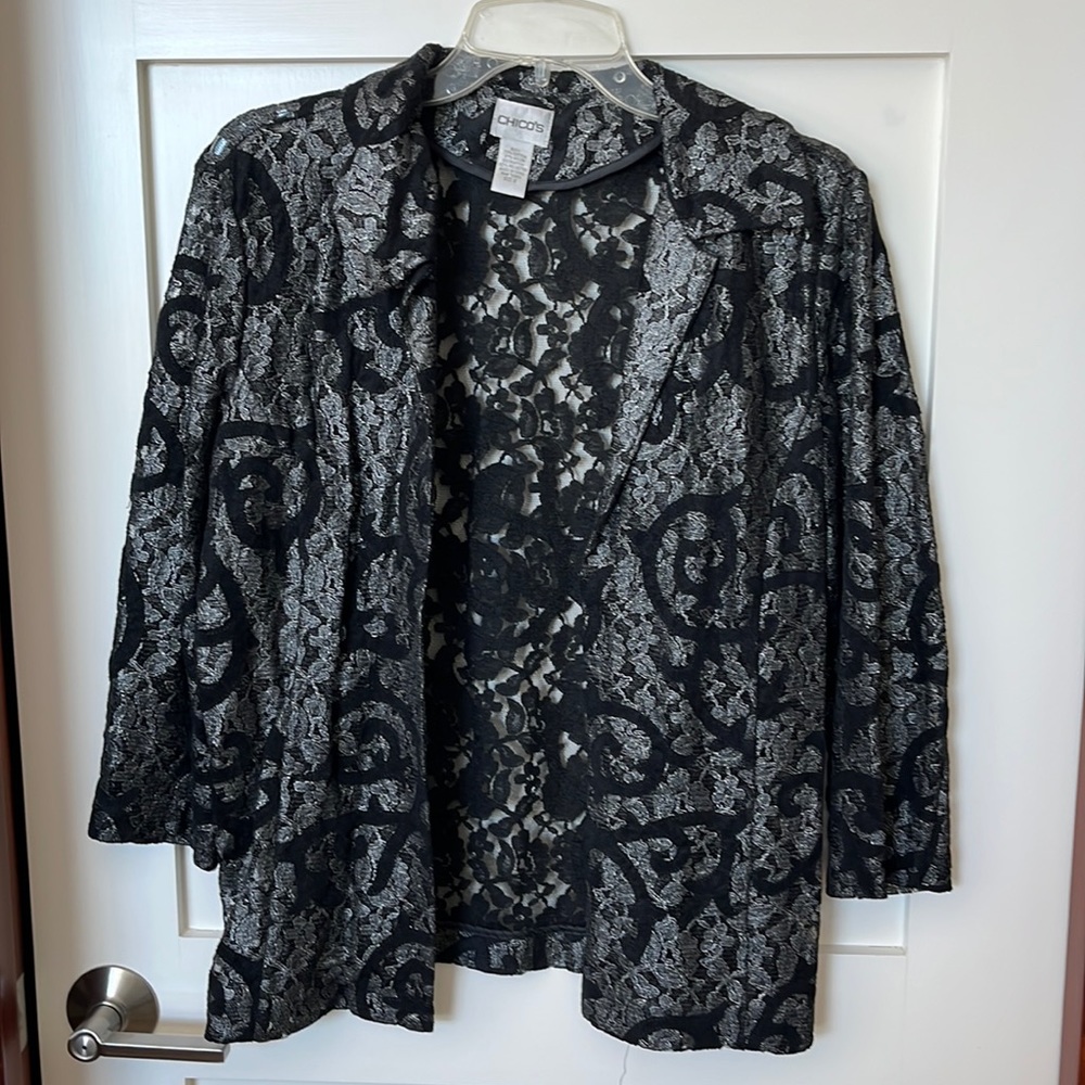Chico’s size 2 dressy black and silver burnout pattern jacket
